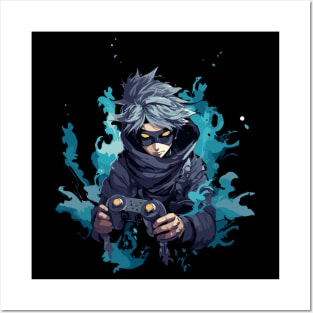 Gaming Ninja Blue Flame Power | Manga Cartoon Style Tee Posters and Art